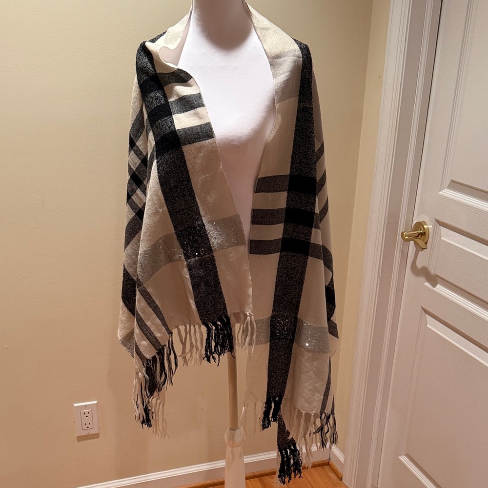 Elegant Black and Cream Plaid Scarf with shimmering silver sequins,